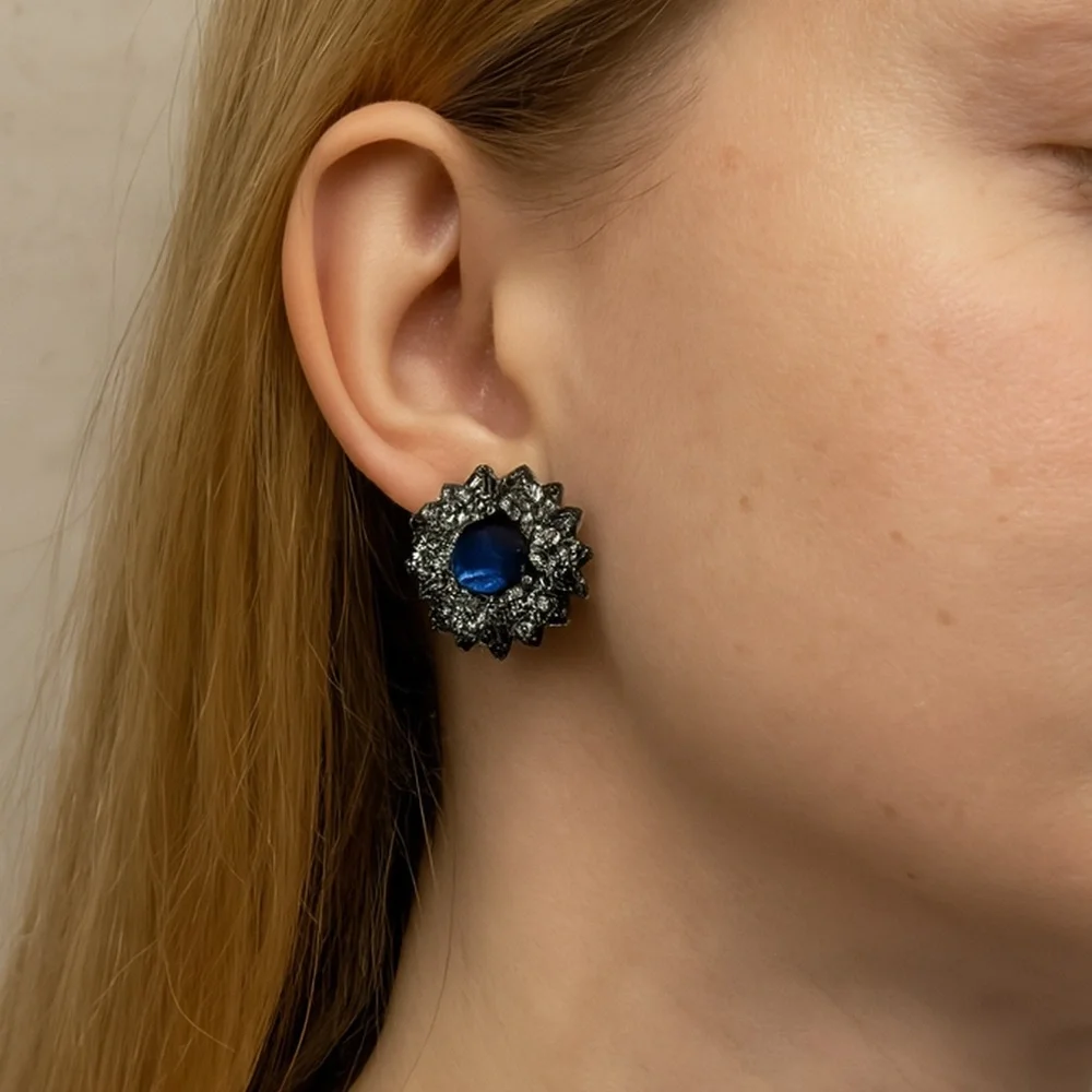 Vintage Pierced Earrings Marcasite Blue Stone Filigree floral 1” diameter